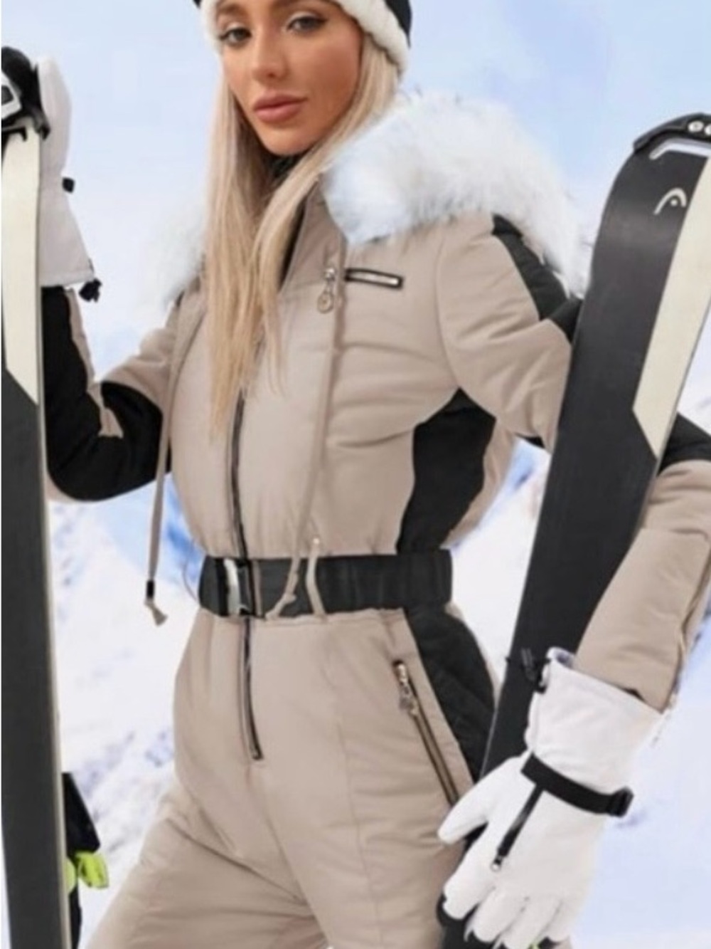 Women’s Cam & Black Ski bodysuit with Faux Fur Hood